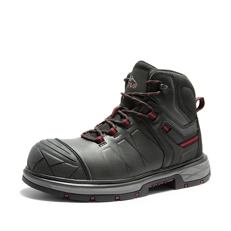 BURUDANI Men's Non-Slip Steel Toe Leather Work Boots Water Resistant Safety Industrial Construction Shoes BLACK Size 8.5